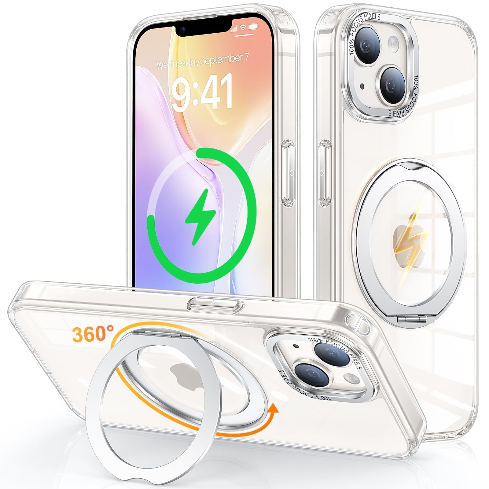 Gunwon iPhone 14/13 用 ケース Magsafe対応 ワイヤレス充電 360°回転スタンド 縦横両対応 米軍規格耐衝撃「クリア」