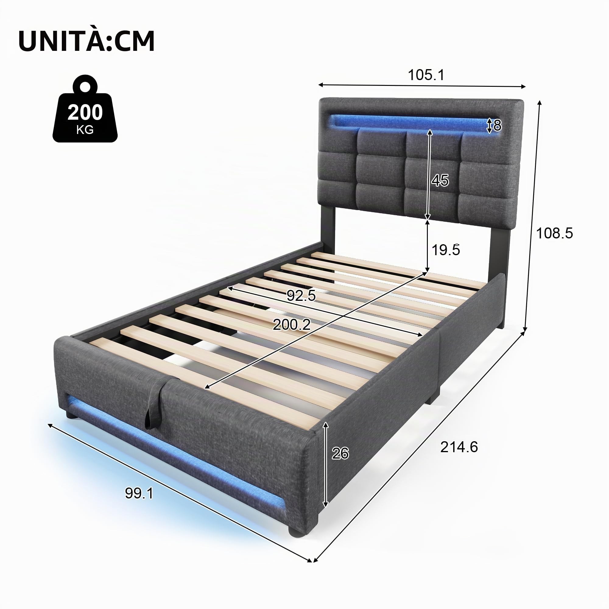 Letto Singolo con Contenitore 90x200 cm con LED e USB, Letto imbottito con Testiera e vano portaoggetti, Letto Contenitore con rete a doghe, Struttura Letto Singolo lino grigio
