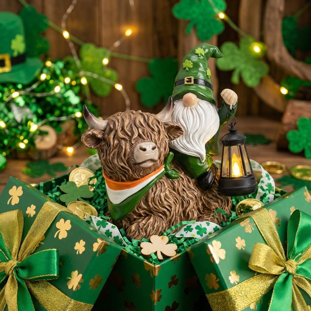 TERESA'S COLLECTIONS St Patricks Decorations for Outdoor Decor,Gnomes Resin Riding Highland Cow and Holding Lantern with Solar Lights for Outside,Shamrock Leprechaun Figurine, Irish Gifts,8.7" - Image 4