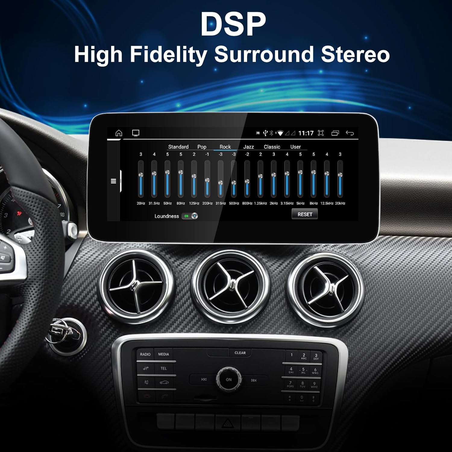 The 12.3-inch screen displaying the DSP equalizer interface with sliders for various frequency bands and sound presets like Standard, Pop, Rock, Jazz, and Classic.
