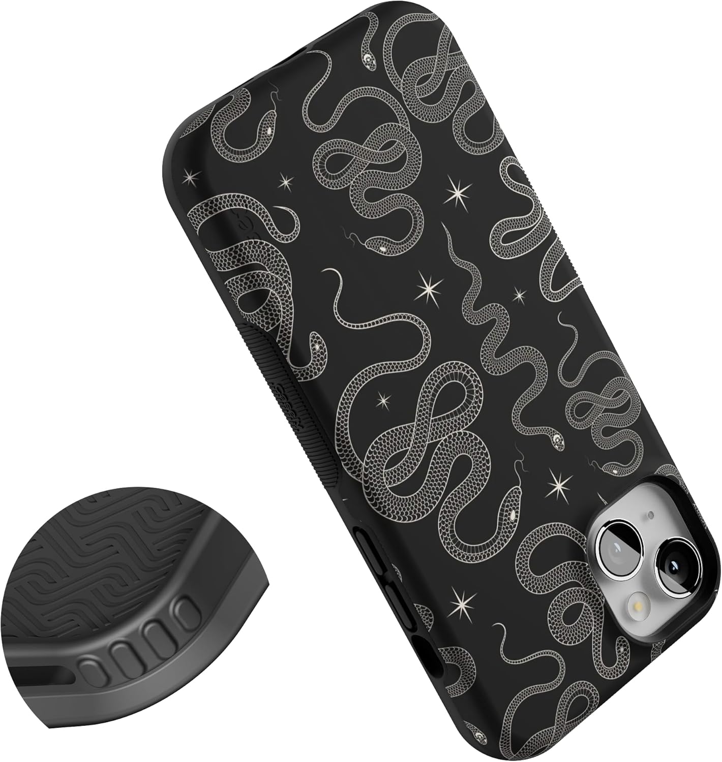 Close-up of the textured side grips on the Casely iPhone 14 Plus Black Serpent case