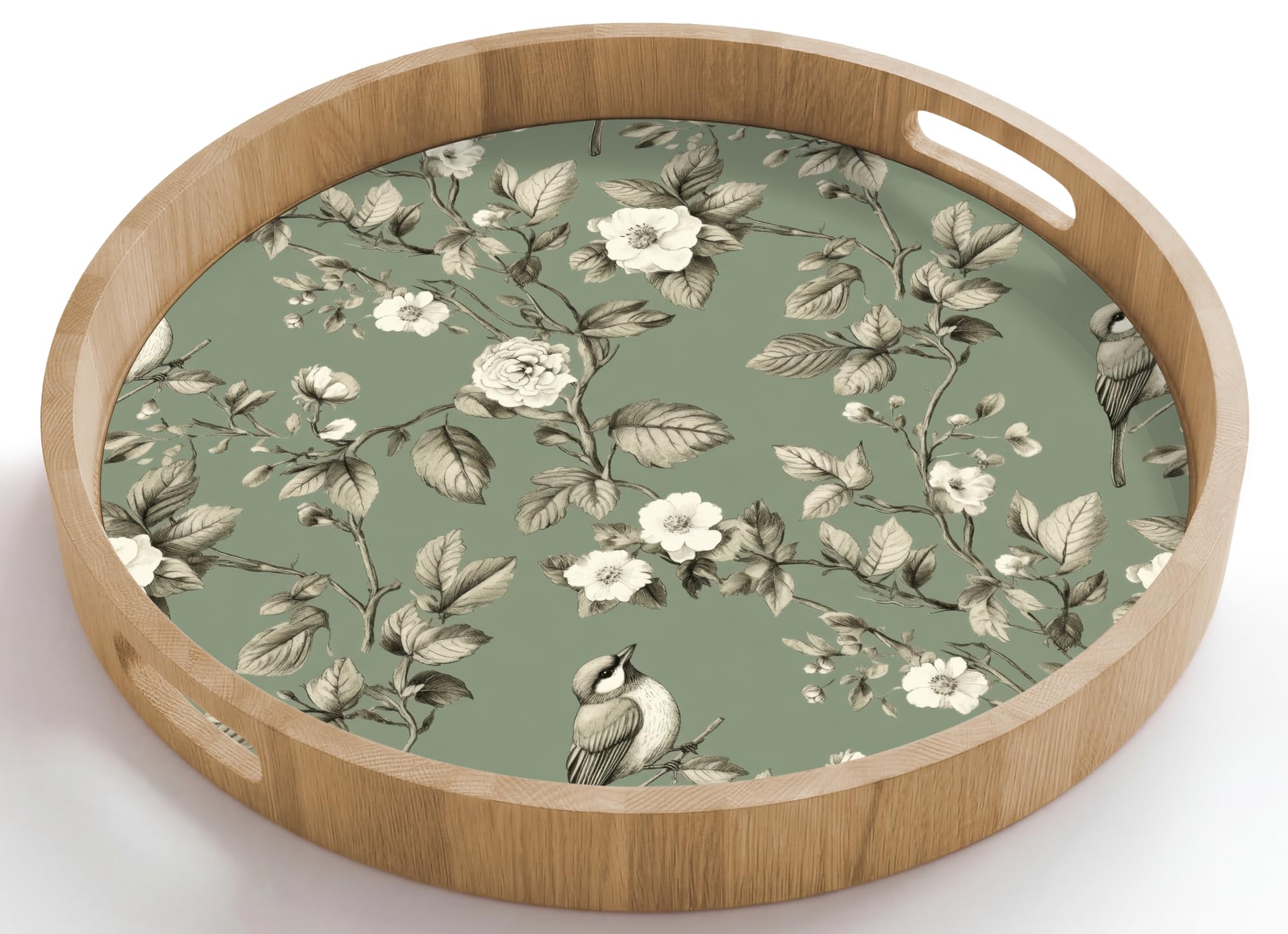 Bandejas Redonda 50x50 cm Bandeja Cafe para Servir Comida Bonitas Resistente Al Calor Tray De Madera Desayuno Cocina Tabuleiro Botánico - Pájaros - Verde