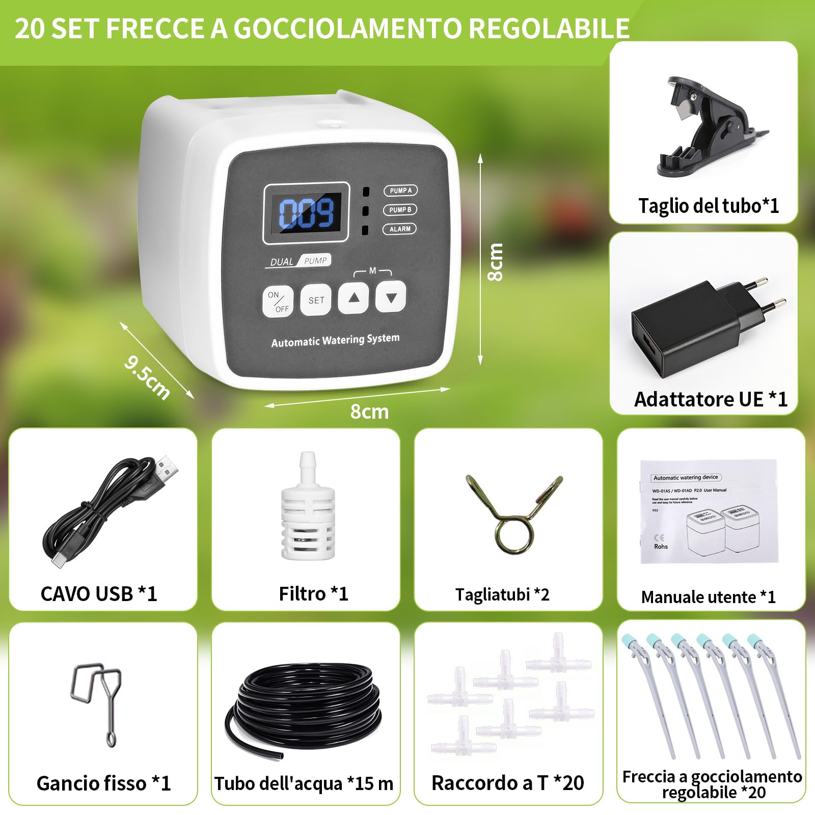 Kit di Irrigazione Automatica per Vaso, Sistema di Irrigazione Automatico da Giardino,Impianto Irrigazione Giardino con 2 Pompe di Controllo Indipendenti e Tubo Flessibile da 15 m, 20 Piante in vaso