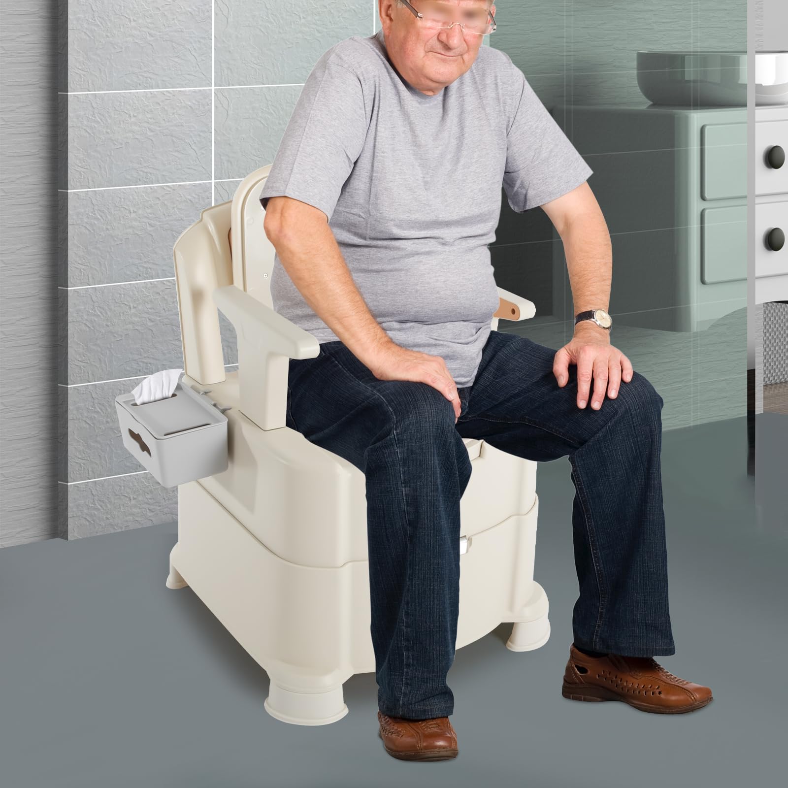 Bedside Commodes Chair, 440.92Lbs Capacity Bedside Toilet Portable Adult Potty Toilet Chair Armrests Adjustable Commode Toilet Heavy Duty Moveable Commodes w/Night Light for Home Use Nursing Centers