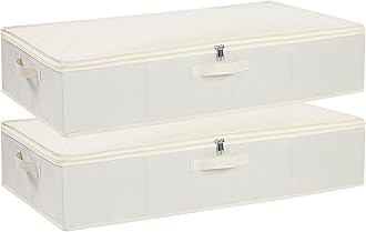 Under Bed Storage Box with Lid, Foldable Wardrobe Organiser with Reinforced Handles, for Blanket, Sheets, Clothing, Shoes, Beige, 2-Pack, 80×40×15 cm