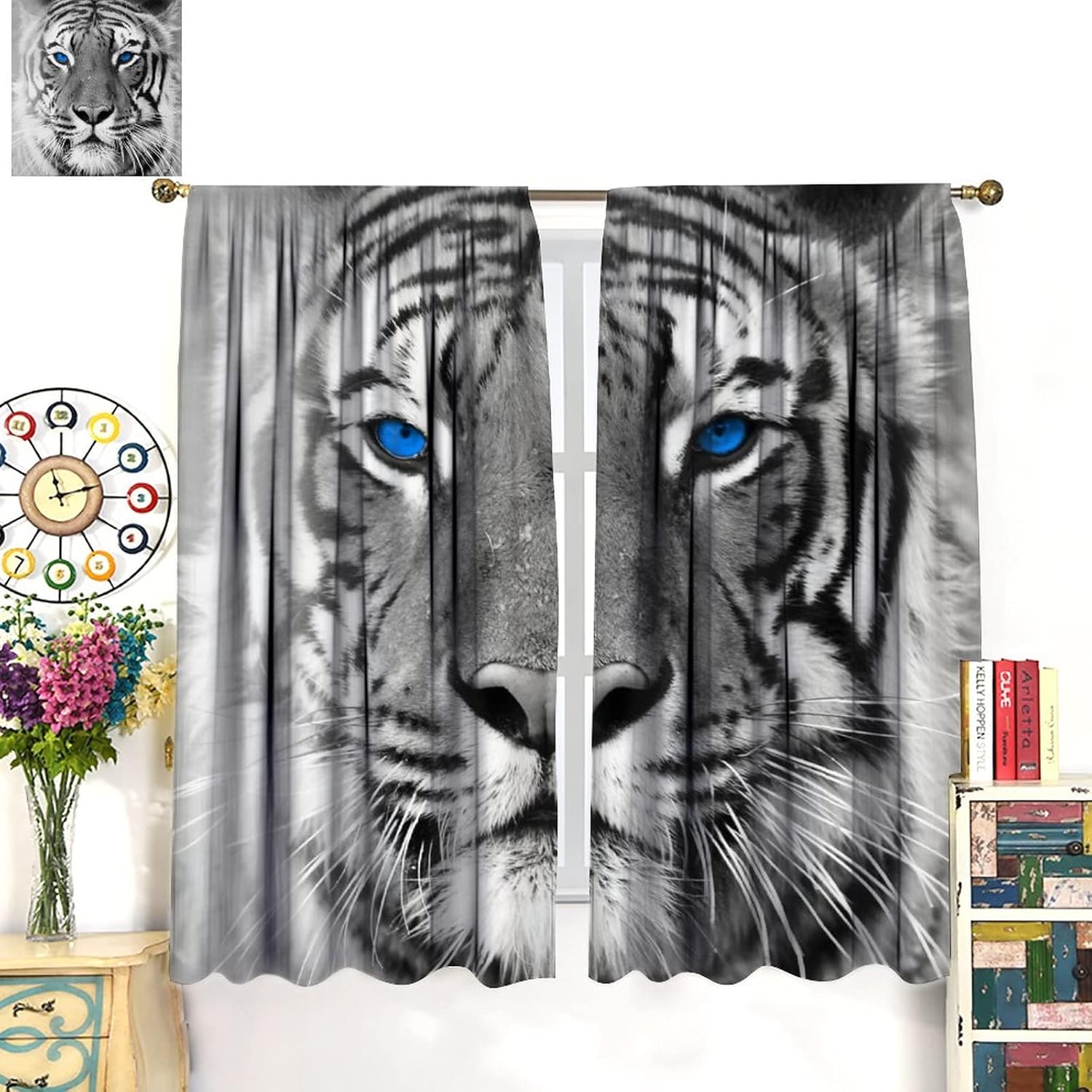 Grey Tiger Blackout Curtains,Big Cat Wild Animal Theme Room Darkening Door Window Rod Pocket Curtain for Living Room Bedroom Kitchen Bathroom W42xL45in