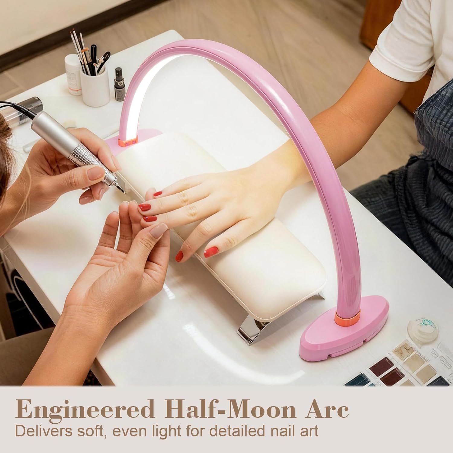 Half Moon Light for Nail Desk 16 inch Nail Desk Light Half Moon Lamp Portable Arch Lamp Dimmable with Foldable Bracket for Desk Salon Table Use, 3 Color Temperature