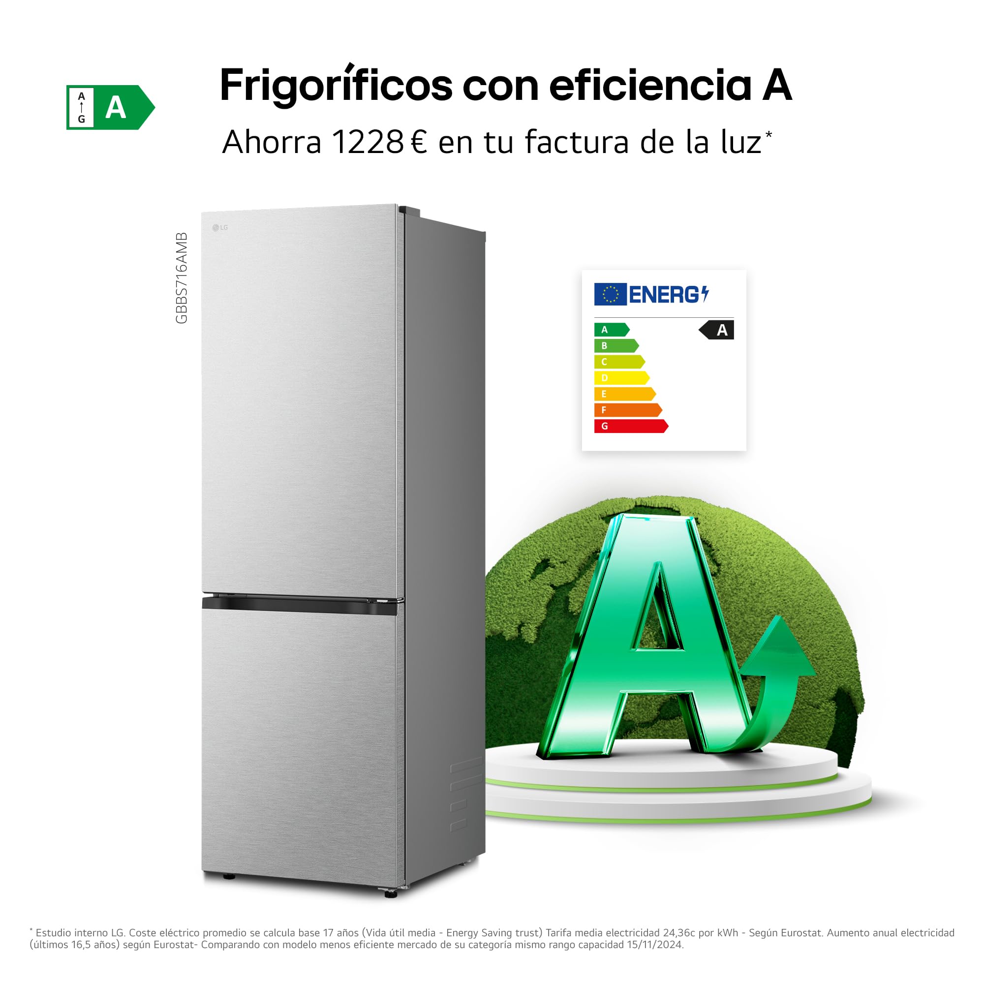 LG GBBS716AMB - Frigorífico Combi DoorCooling+, 1,86m, Clasificación A, Serie 700, Capacidad de 333l, Acero texturizado antihuellas