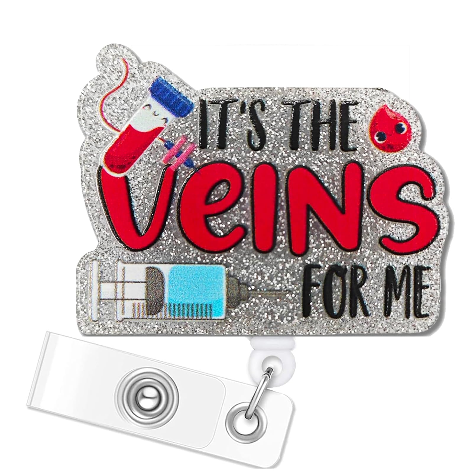 Phlebotomy Badge Reel It's The Veins for Me Retractable Badge Reel, Funny Silver Glitter ID Clip Name Tag Card Gift for IV IM Nurses Phlebotomist