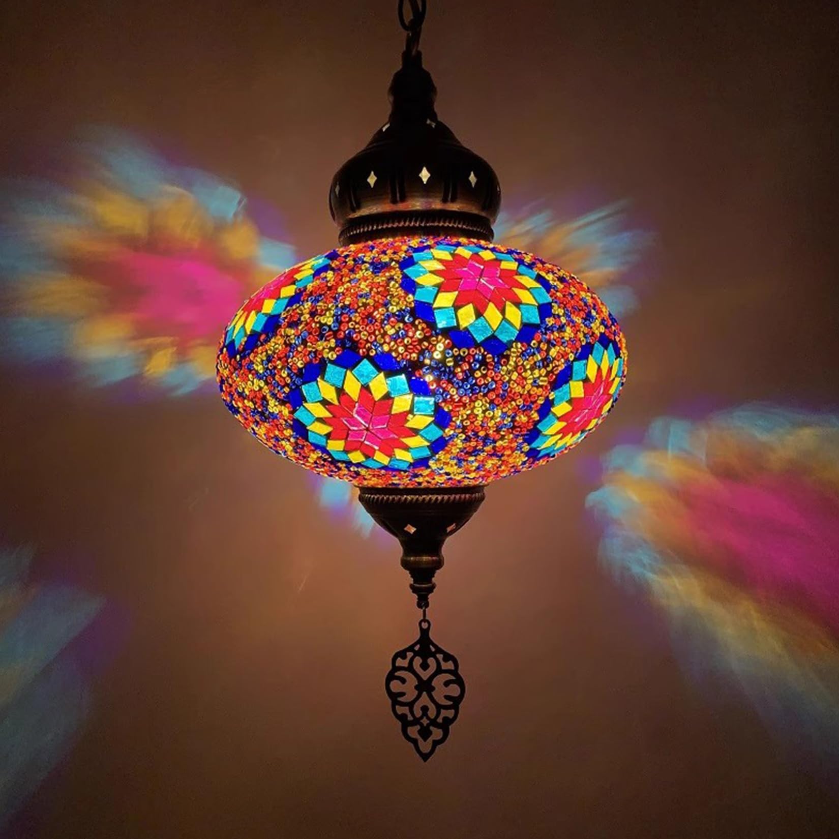 BOTOWI Turkish Moroccan Mosaic Hanging Pendant Ceiling Light 10" Globe Diameter Handcrafted Glass Lampshades, Vintage Tiffany Style, Mediterranean Bohemian Decor Ideal for Indoor Living Room,Red