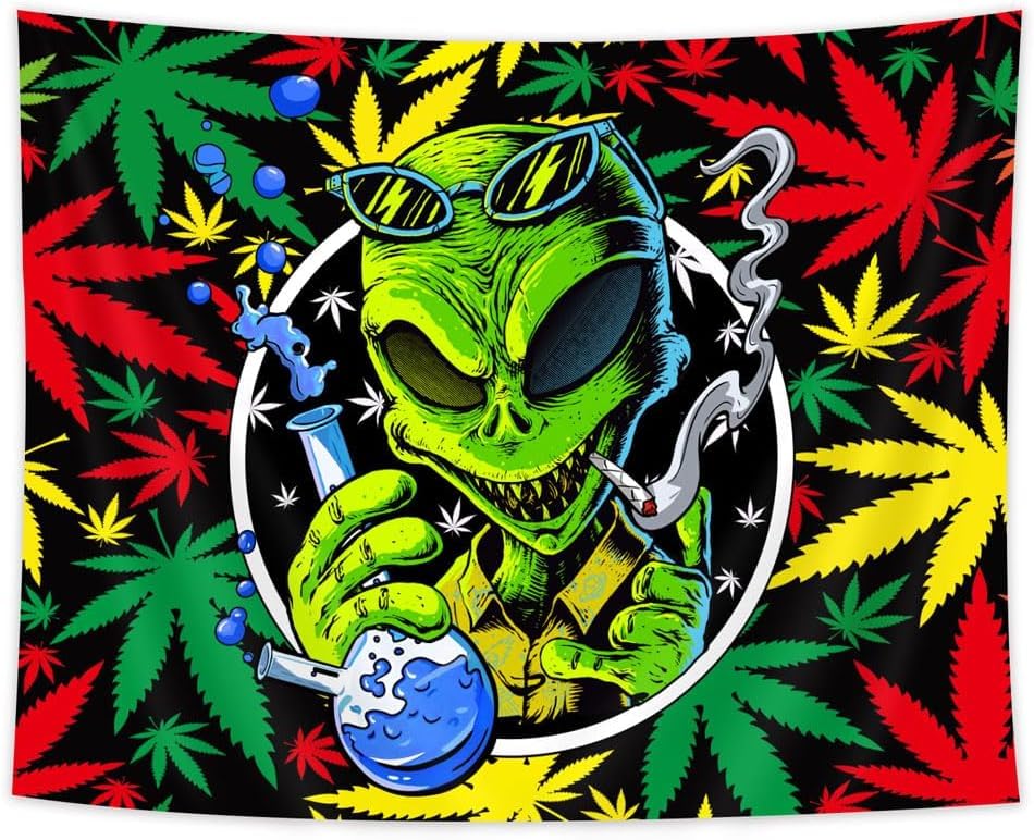 Wathon Trippy Weed Marijuana Tapestry, Cool Alien Marijuana Leaf Wall Tapestry for Bedroom, Psychedelic Tie Dye Stoner Tapestries for Men Aesthetic Hippie Wall Art Poster Dorm Home Decor 60X40 Inches