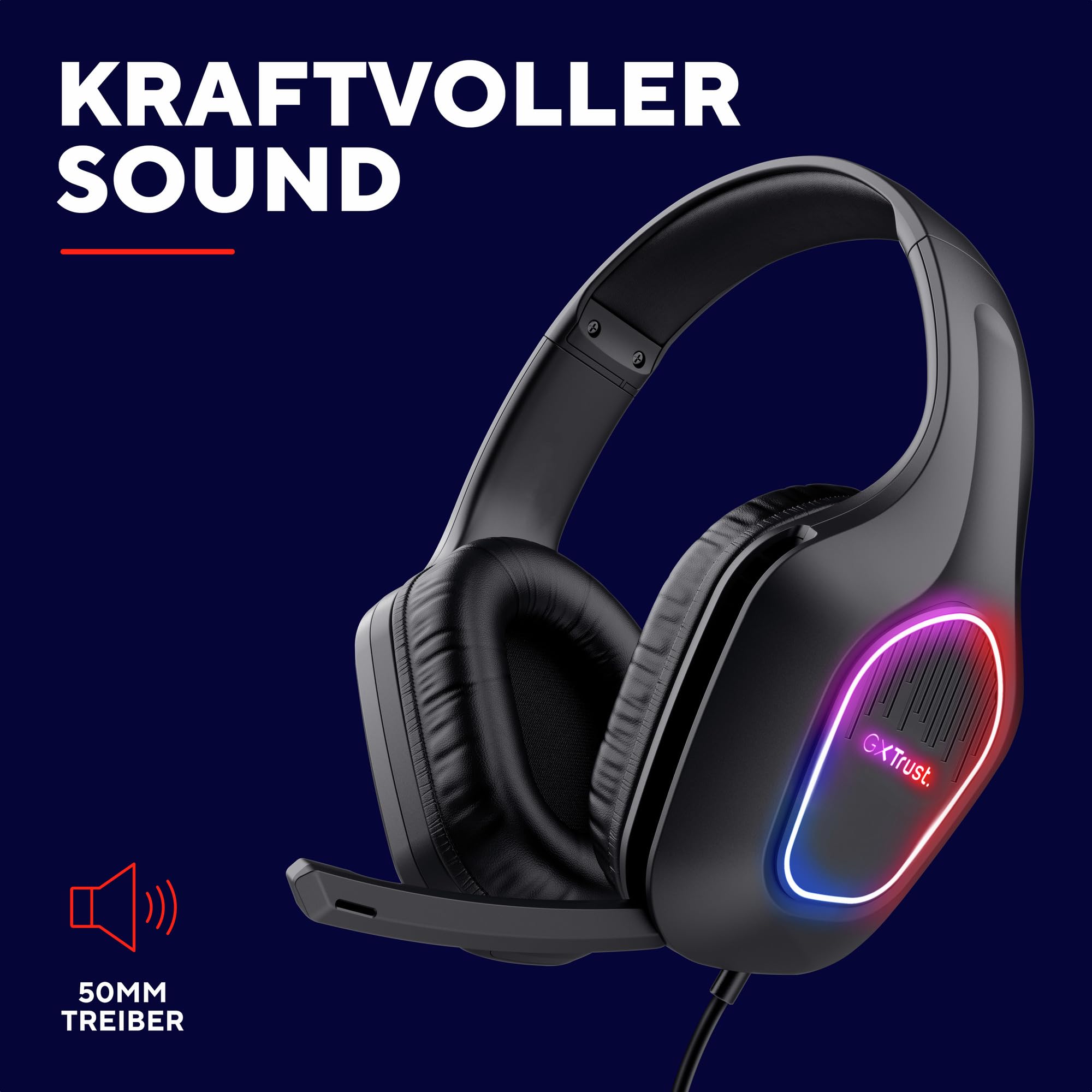 GXTrust Rayne Leichtes Gaming Headset mit USB-betriebene LED Beleuchtung | Over-Ear, für PC Computer Laptop Konsole, 50-mm-Treiber, 3,5 mm Audioanschluss, Kopfhörer mit Kabel, Schwarz