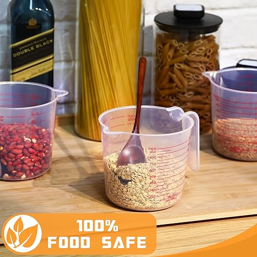 Miniatura 3 de 12 tazas medidoras de plástico con capacidad para 4 tazas, taza medidora transparente con boquilla y mango de 33.8 fl oz, marcado para harina, agua,