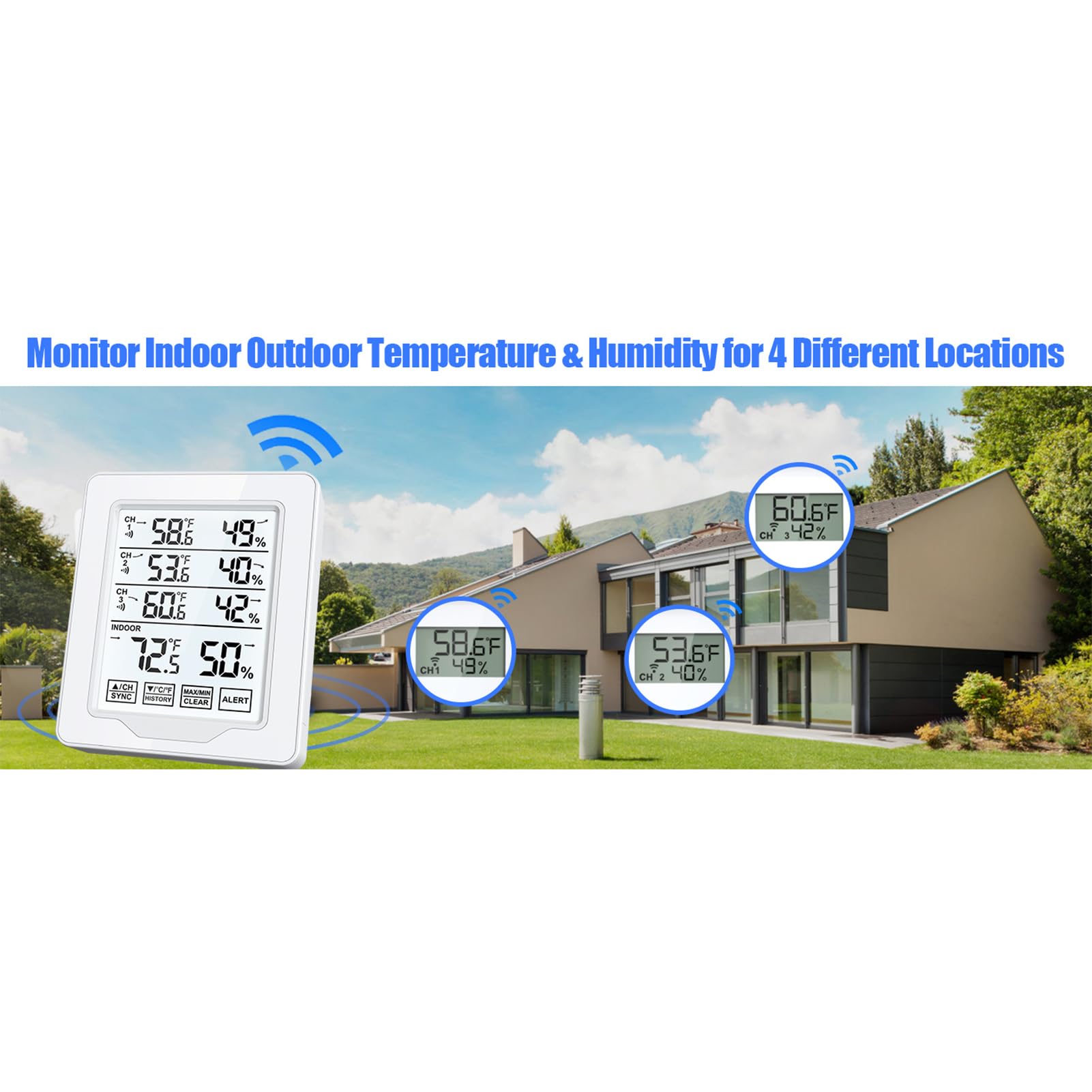 Termometro per interni ed esterni Monitor di umidità con 3 sensori remoti Termometro igrometro retroilluminato bianco Materiale ABS applicabile per ufficio domestico