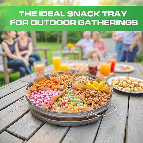 Miniatura 8 de Plexon Bandeja de metal para servir, bandeja galvanizada de 12 pulgadas de profundidad con asas y borde decorativo de cobre, mesa de centro de mesa