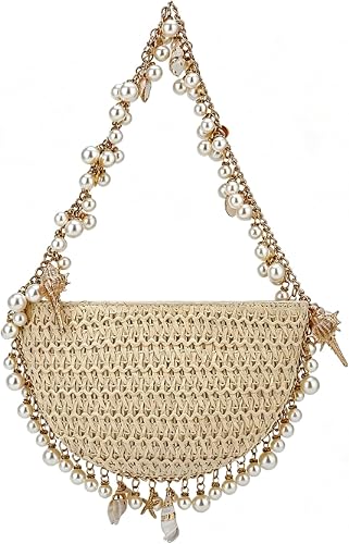 Comeon Womens Straw Shoulder Bags Pearl Conch Woven Summer Beach Handbag