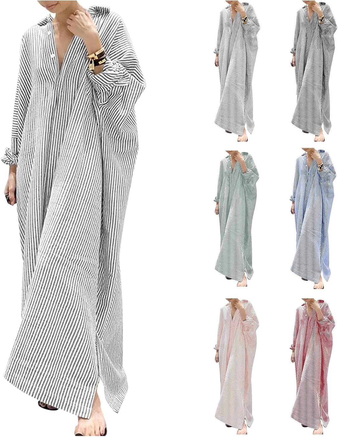 Women's Casual Long Sleeve Shirt Dress Button Down Loose Striped Maxi Dresses Summer Casual Loose Flowy Dress