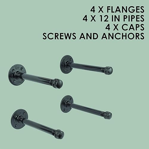 Miniatura 9 de Pipe DÉCOR - Juego de 4 soportes industriales galvanizados de acero negro para estantes colgantes, soporte montado en la pared, pre-sellado y listo