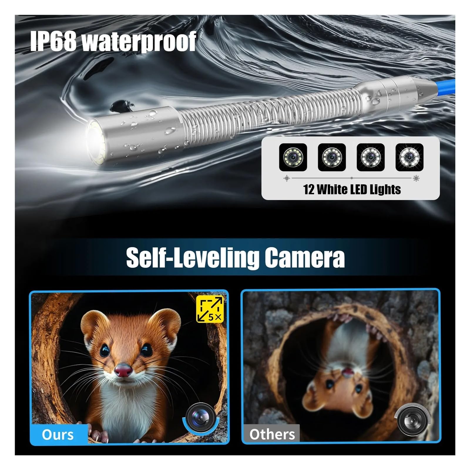 Periscopio, Telecamera for ispezione fognature con sonda zoom 5X, endoscopio impermeabile 12 LED(20m)
