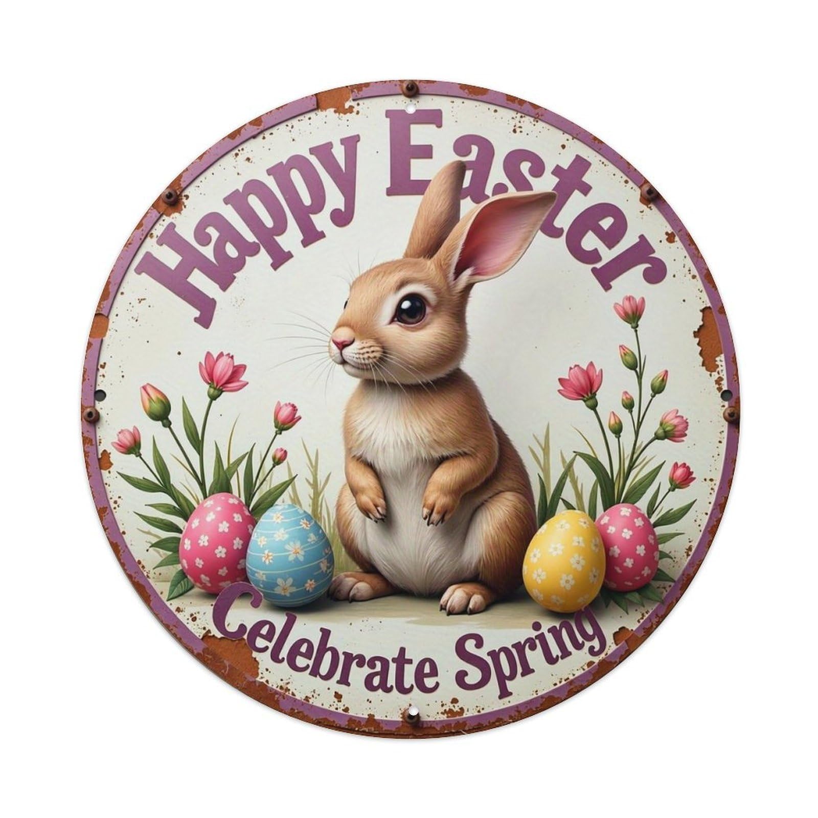 Happy Easter Bunny Eggs Flowers Tin Sign Metal Poster Vintage Metal Signs for Home Man Cave Bar Cafe Kitchen laundry room Wall Decorations Gift 8x8Inch