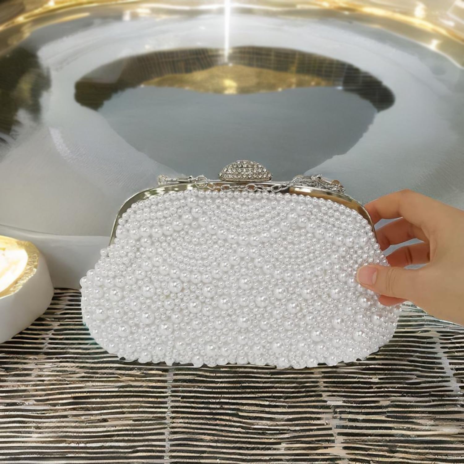 Aovtero Pearl Clutch Bride Bag Purse Women Wedding Prom Evening Bags Formal Full Beaded Handbag with Chain