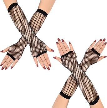 2 Pairs Fishnet Gloves Womens Mesh Fingerless Gloves for 80s Costume Theme Party