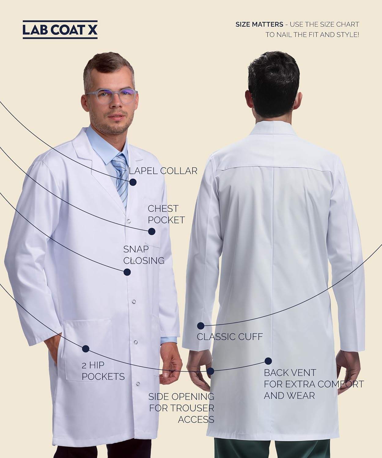 Professional Unisex 100% Cotton Lab Coat for Men and Women, Multiple Pockets, Classic Fit, Snap Closing, 40" Length - Image 2