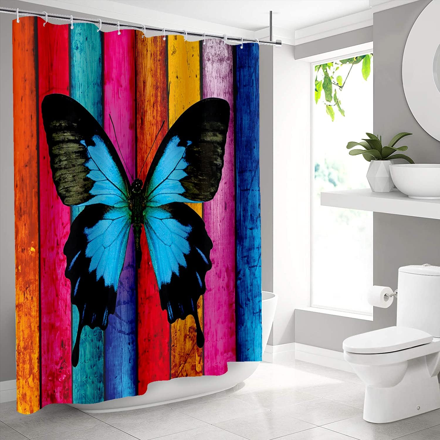 Multicolored Butterfly Shower Curtain Floral Boho Rustic Farmhouse Shower Curtain Set with Hooks Cloth Fabric Curtain Bathtubs Bathroom Decor Accessories 72" x 72"