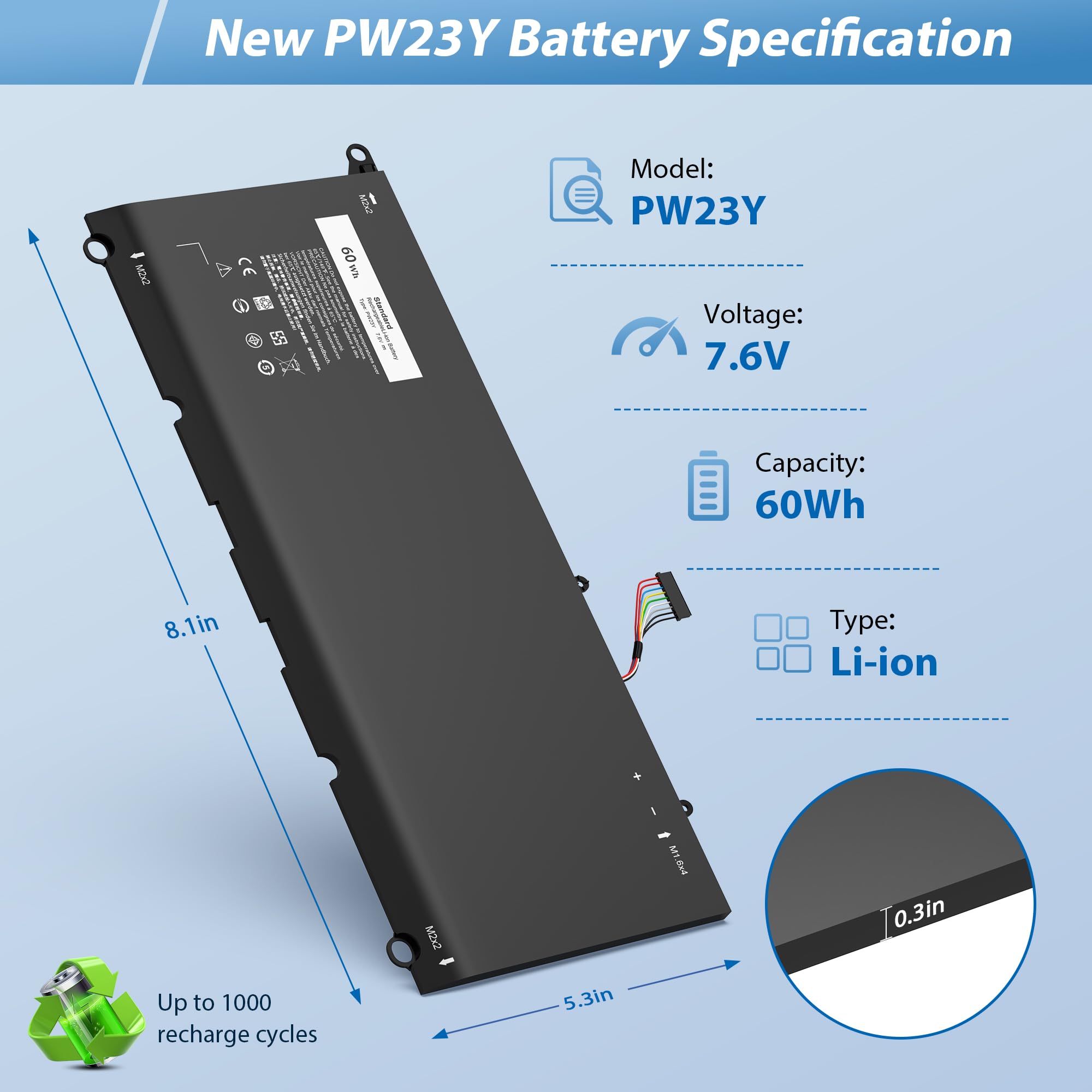 New 60Wh PW23Y Laptop Battery for Dell XPS 13 9360 13-9360-D1605G 13-9360-D1605T 13-9360-D1609 13-9360-D1609G 13-9360-D1705G 13-9360-D1805T 13-9360-D1805TG Series P/N PW23Y TP1GT 0TP1GT RNP72 0RNP72
