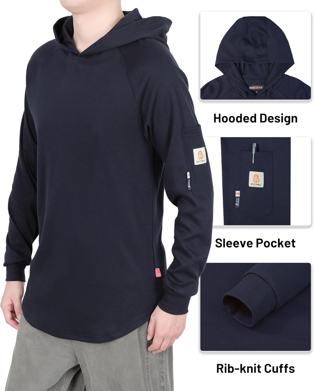 BOCOMAL FR Hooded T Shirts 7.1oz Flame Resistant FR Shirt NFPA2112 CAT2 Fire Retardant Work Hoodies - Image 4