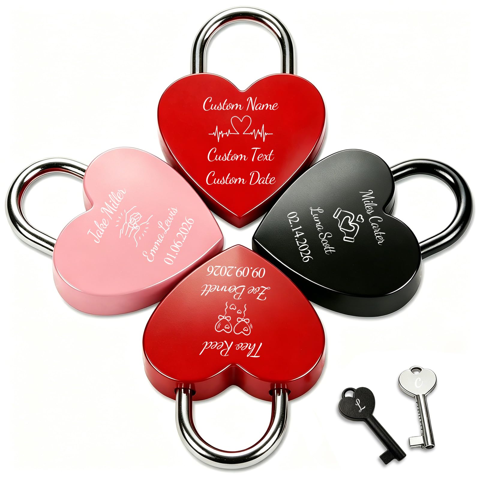 Personalised Padlock with Photo, Icon & Text Engraving, Double-Sided Engraved Padlock for Bridge Anniversary Valentine’s Wedding Romantic Keepsake Gift (Personalised Heart-Shaped Lock)