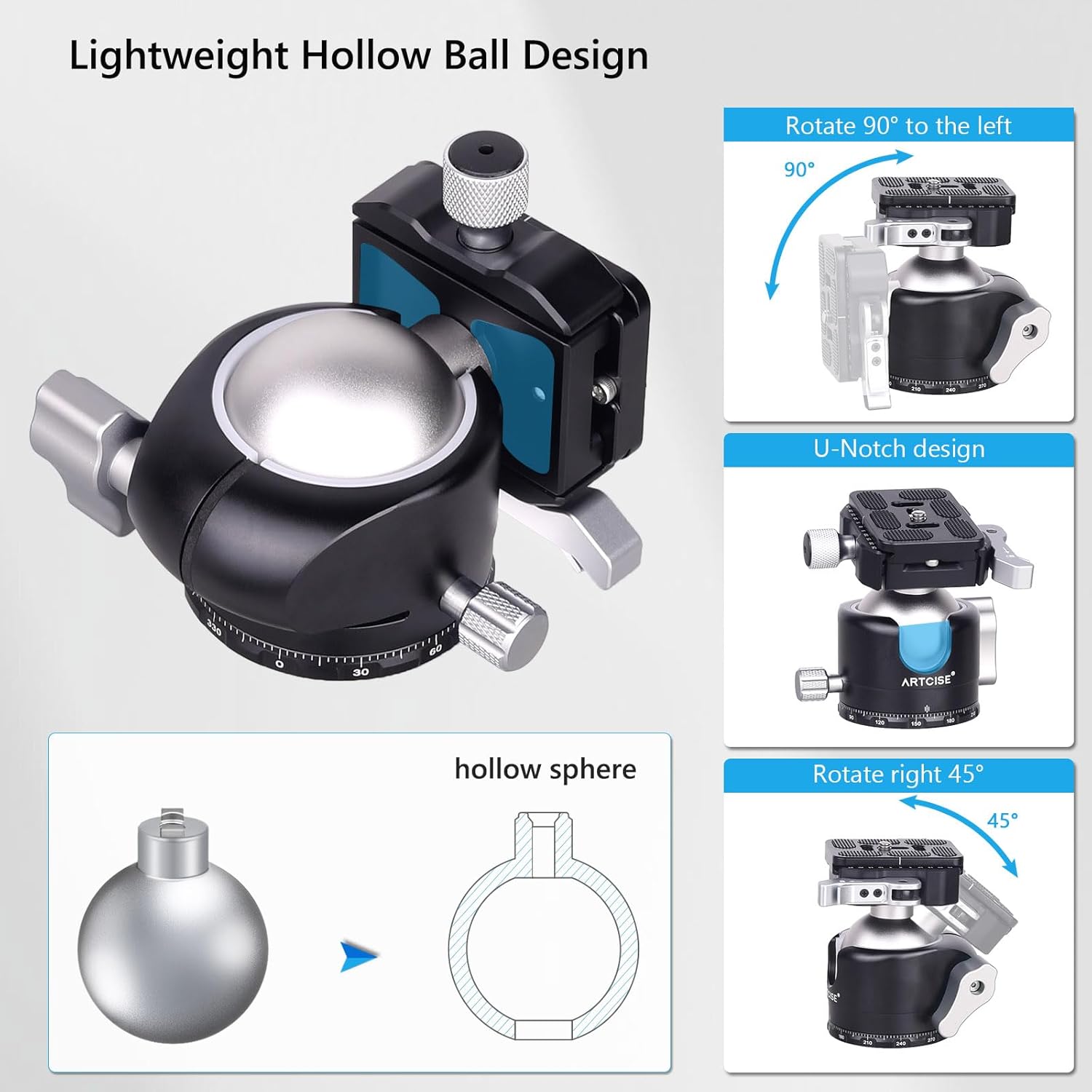 ARTCISE 50mm Low Profile Tripod Ball Head with Arca Swiss Lever Quick Release Clamp Heavy Duty CNC Aluminum Tripod Head Mount 360° Panoramic Base for DSLR Camera Tripod Monopod Max Loading 25kg/55lb