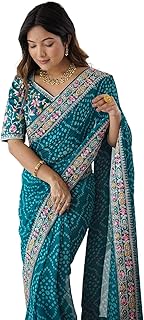 Satrani Women's Georgette Bandhani Printed Sequin Embroidery Saree with Unstitched Blouse Piece Price In India