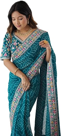 Satrani Women's Georgette Bandhani Printed Sequin Embroidery Saree with Unstitched Blouse Piece