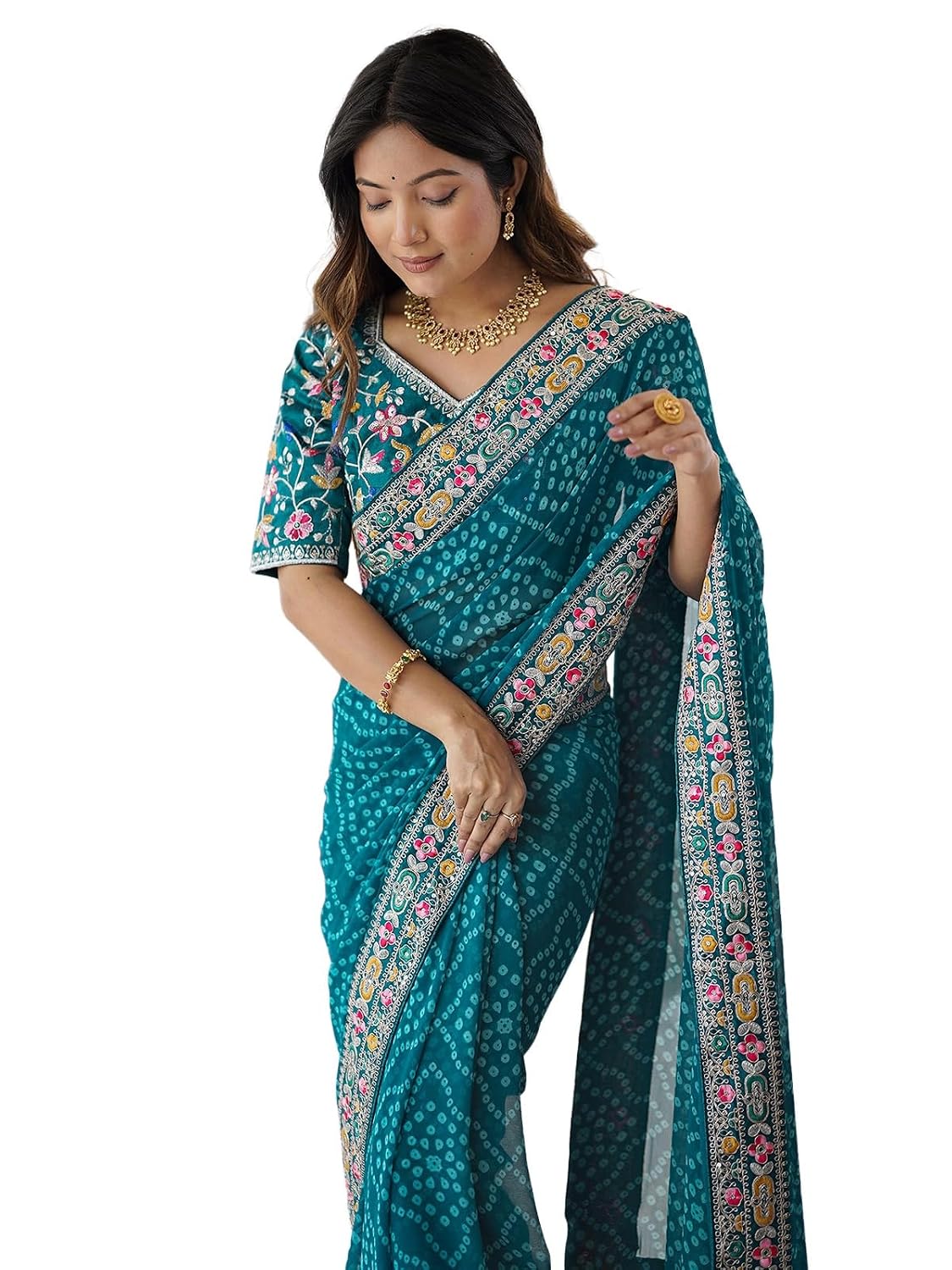 Satrani Women's Georgette Bandhani Printed Sequin Embroidery Saree with Unstitched Blouse Piece