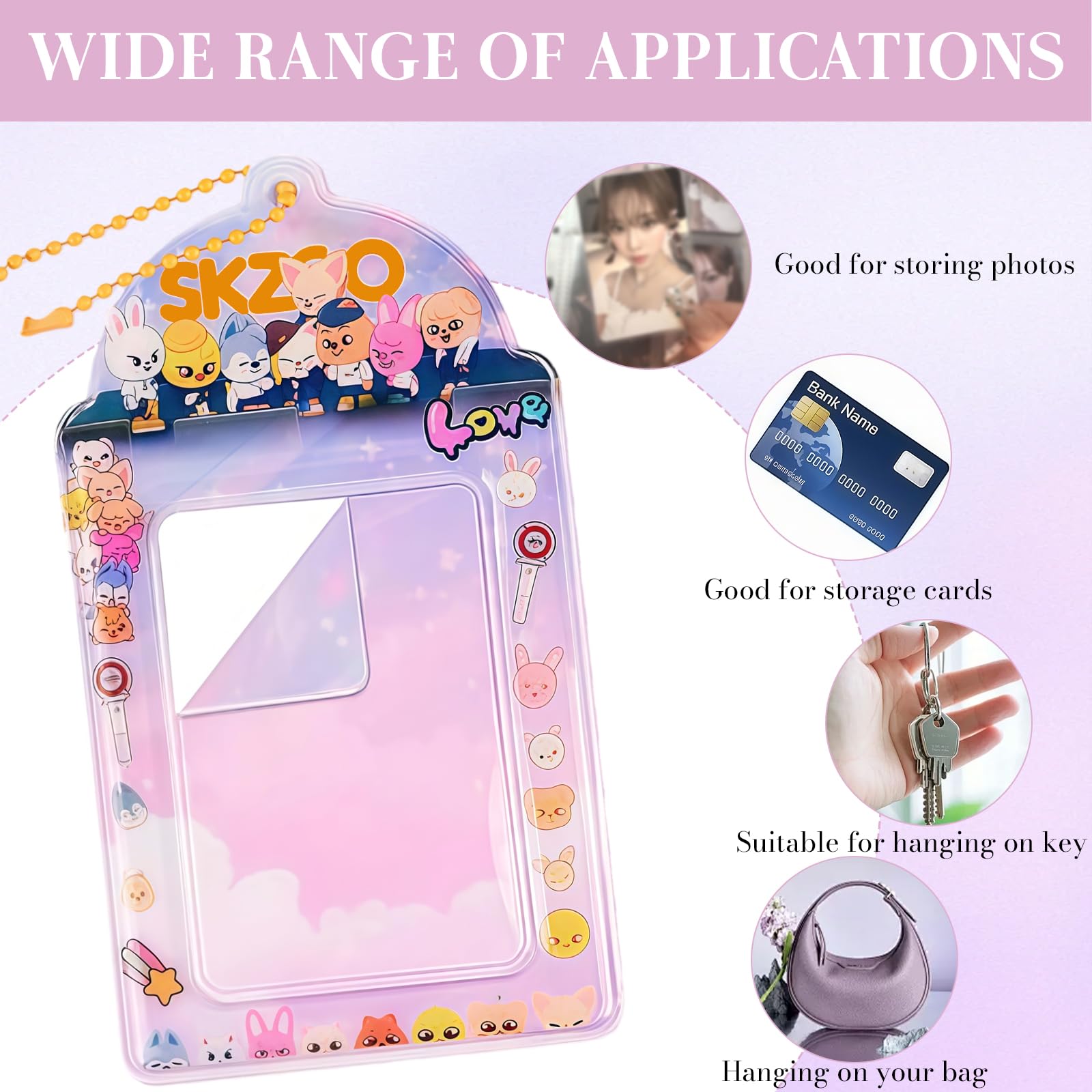 Yamobi Stray Kids Photocard Holder, śliczny uchwyt na karty z łańcuszkiem, dekoracyjna zawieszka na karty Stray Kids i gadżet K-Pop (różowy)