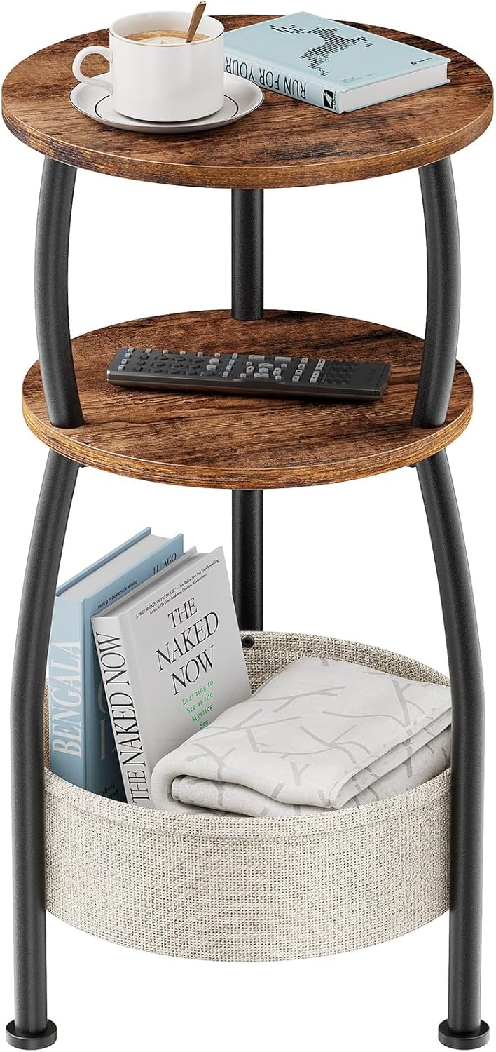 Round Side Table for Small Spaces with Storage Basket Small End Table 3-Tier Night Stand Sofa Corner Table for Living Room, Bedroom, Patio and More 24in Tall Rustic Brown