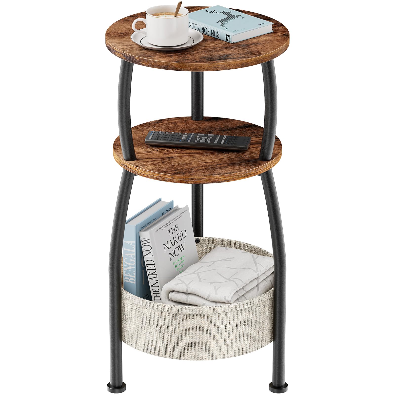 Yuede Round Side Table, 3 Tier Bedside Table, Small End Table with Fabric Basket, Coffee Table for Living Room, Bed Room, Small Space, Easy Assembly, 30 x 61 cm (Brown) — image 1