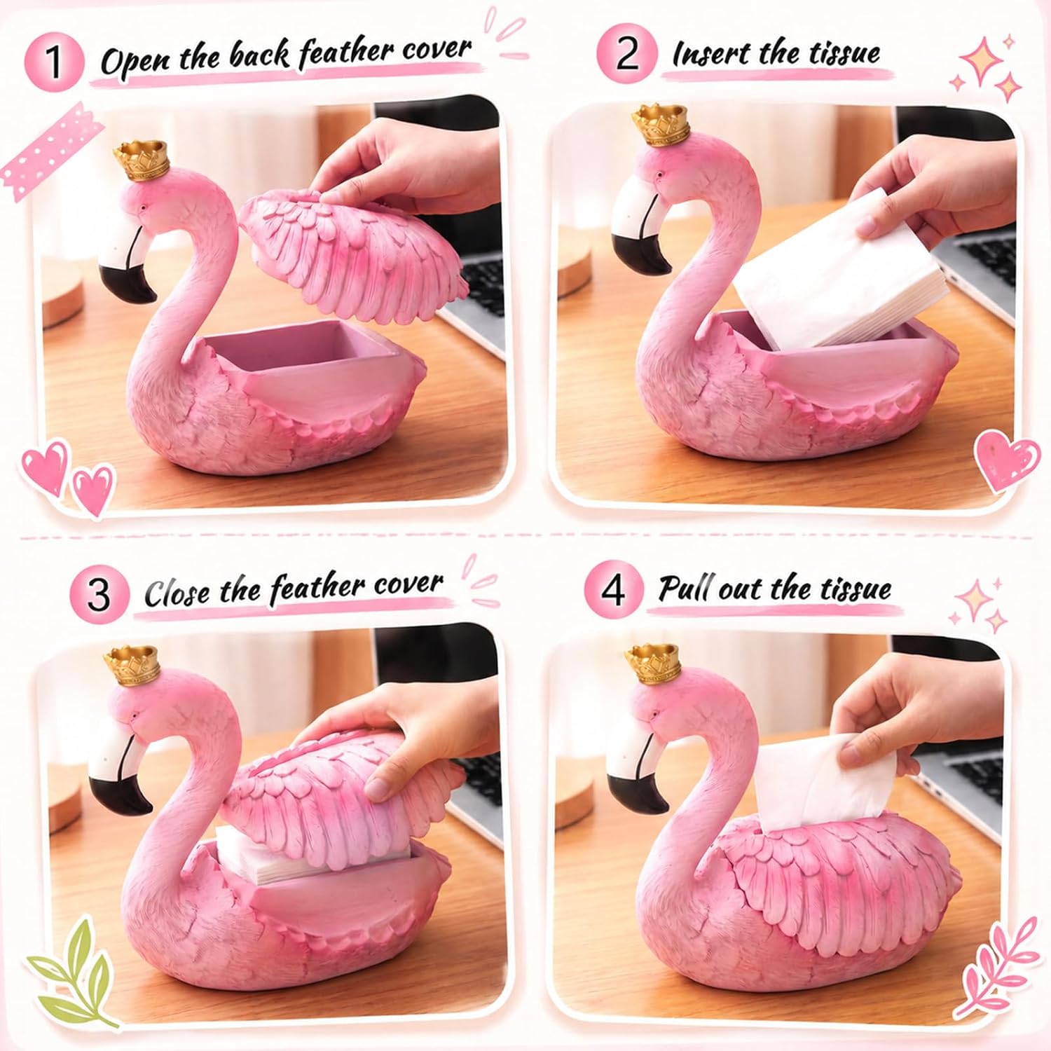 Sieral Pink Flamingo Tissue Box Cover with Crown, Flamingo Bathroom Decor Resin Tropical Decorative Tissue Holder Summer Countertop Napkin Holder for Women Beach House Gifts