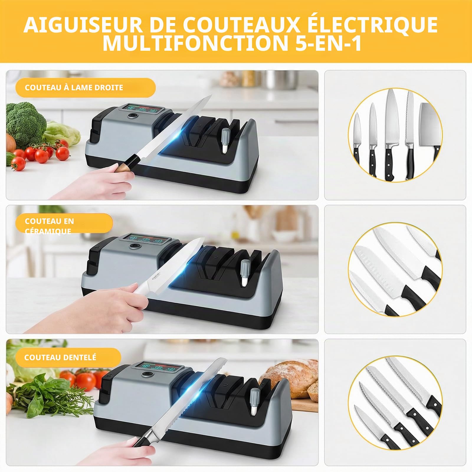 Aiguiseur de couteaux électrique avec écran LCD, 3 vitesses réglables, eguiseur de couteau professionnel pour couteaux droits, dentelés et en céramique et ciseaux