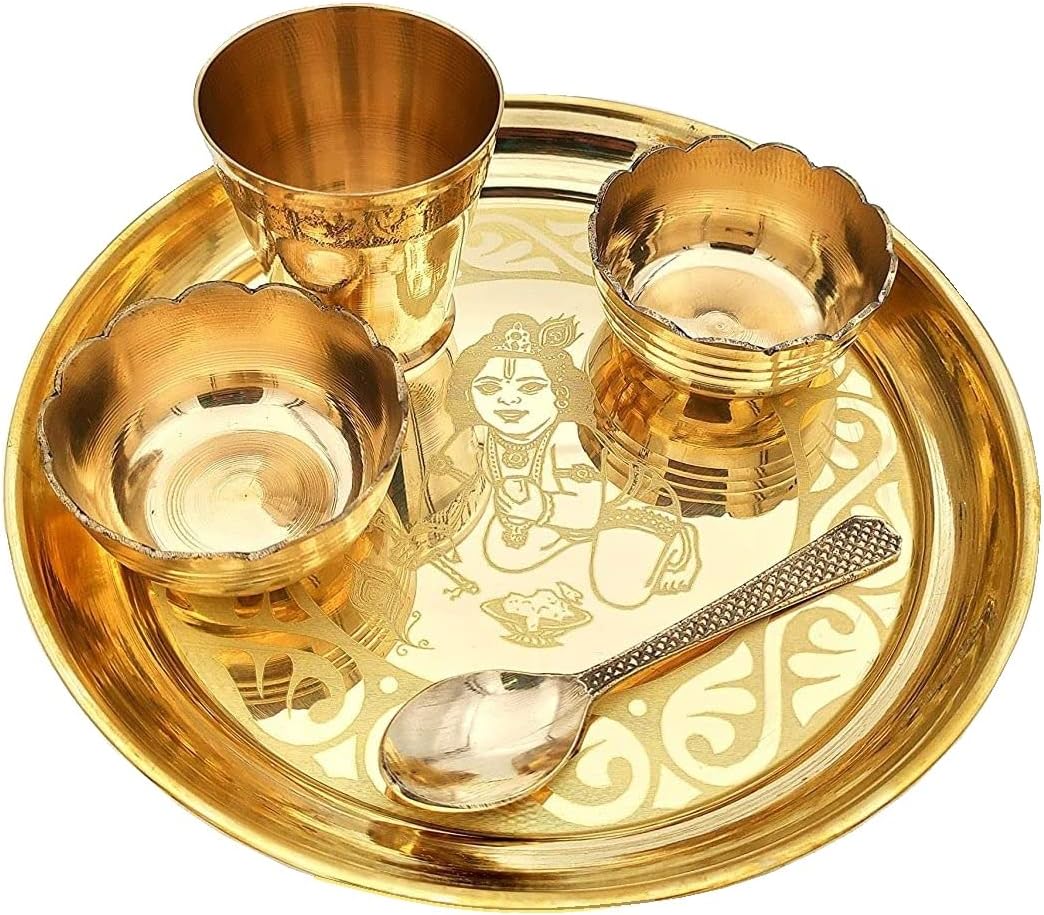 NOBILITY Brass Laddu Gopal Bhog Thali Small 7 Inch for Krishna Janmashtami Pooja Thali Set Festival Puja Decoration Kanha Bhog Thali for Home Office Mandir Return Gift Items Bhog Set