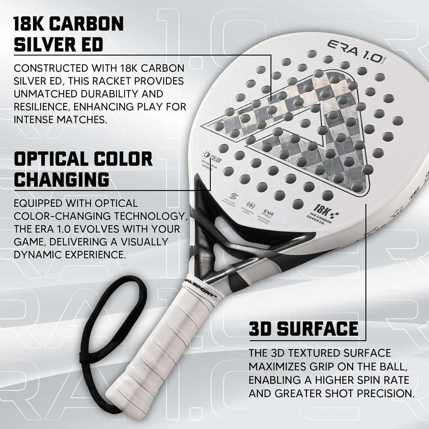 AMA SPORT ERA 1.0 Padel Racket Carbon Fiber Surface with EVA Memory Flex Foam Core Paddle Racket Lightweight Power & Precision Control Padel Racquet for Intermediate and Advanced Players