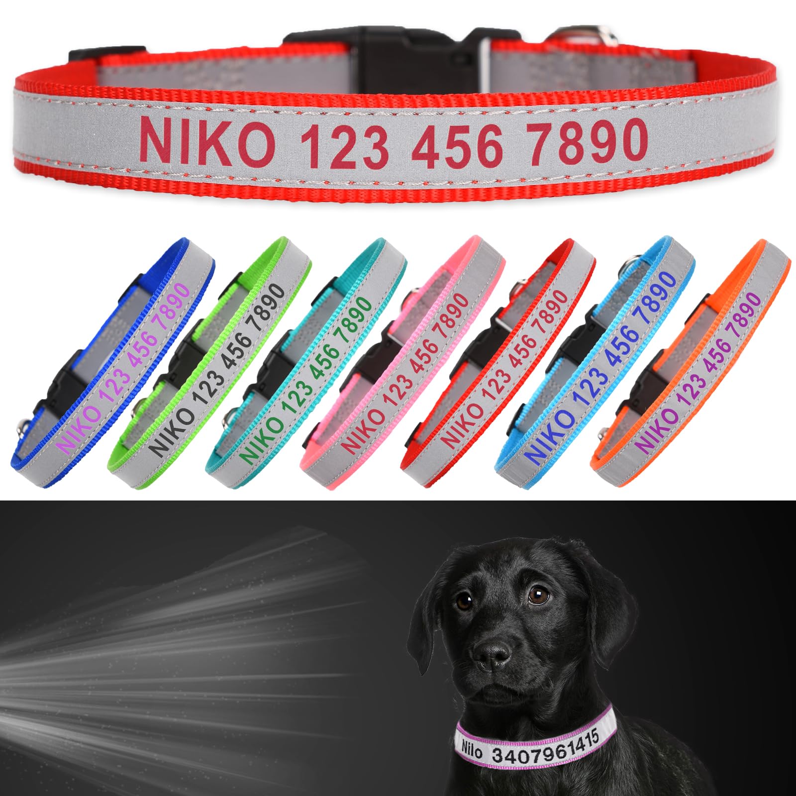 Nocmxta Reflective Personalized Dog Collar - Custom Embroidered Pet Name and Phone Number with Adjustable Nylon Buckle Collars in 5 Sizes XS to XL for
