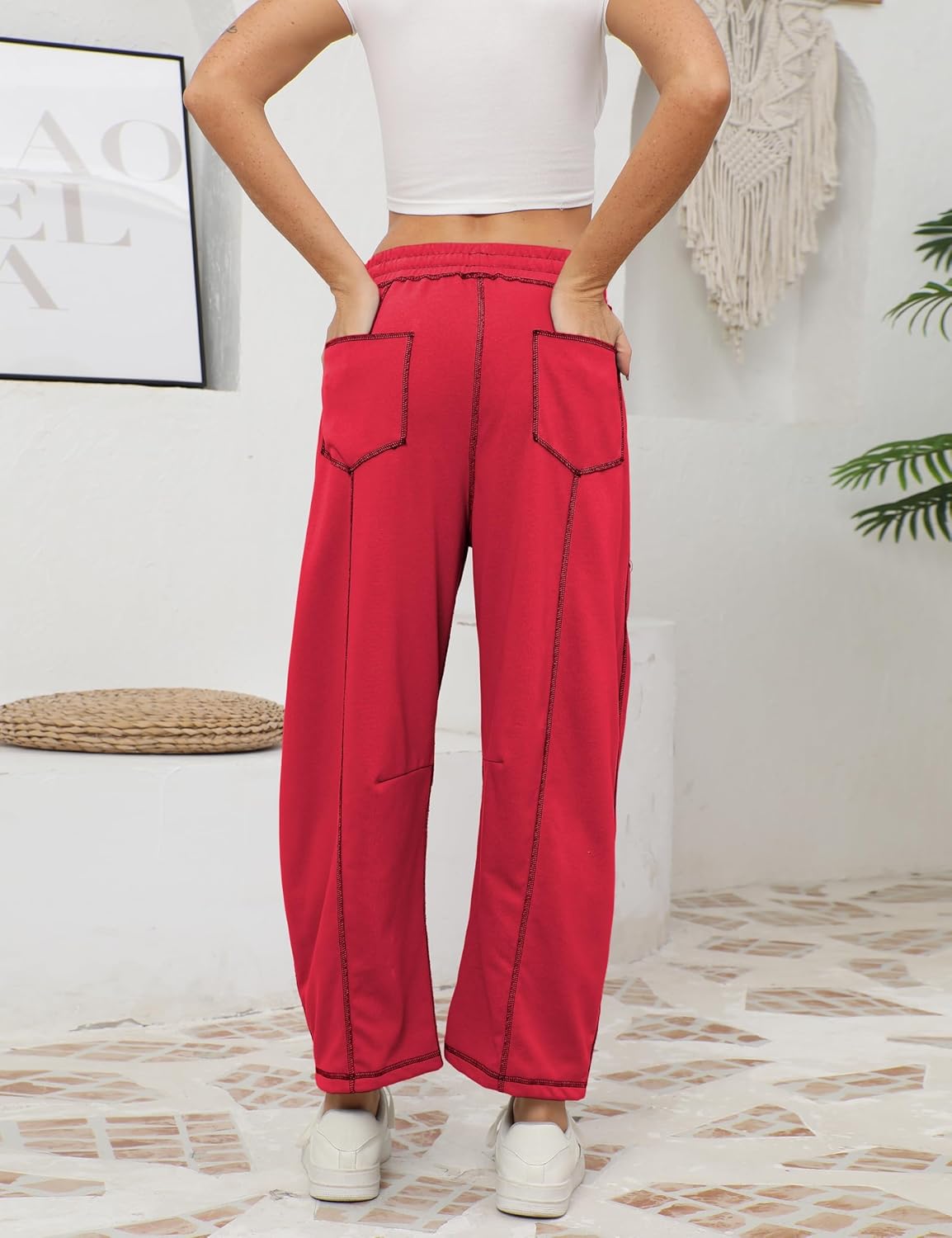Athlisan Womens Baggy Barrel Pants Wide Leg Lounge Drawstring Sweatpants with Pockets - Image 2