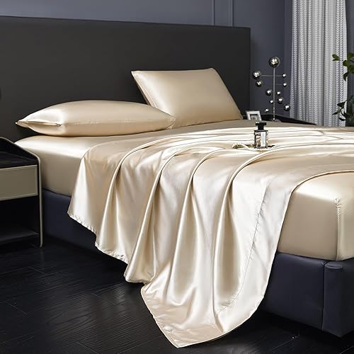 Miniatura 9 de Revdomfly Juego de sábanas de satén caqui suave y sedoso de 4 piezas de tamaño matrimonial, 1 sábana bajera de alta calidad que absorbe la humedad