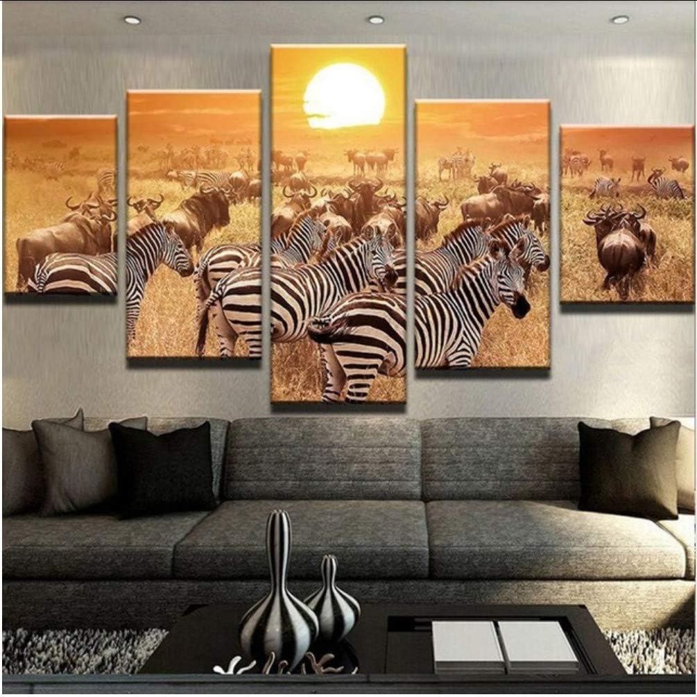 syssyj No Frame Modular Canvas Prints Painting Wall Art 5 Pieces Sunset Grassland Zebras Pictures Black And White Animal Poster Home Decor Frame