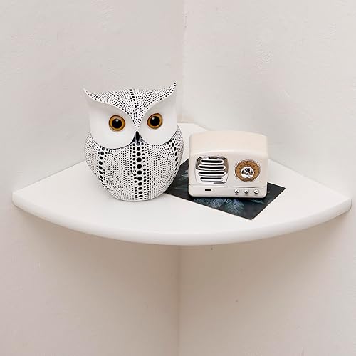 Corner Shelf, White Solid Oak Wood Floating Corner Shelf Wall Mount Round End Floating Speaker Shelf Display Shelf for Small Plant Photo Frame