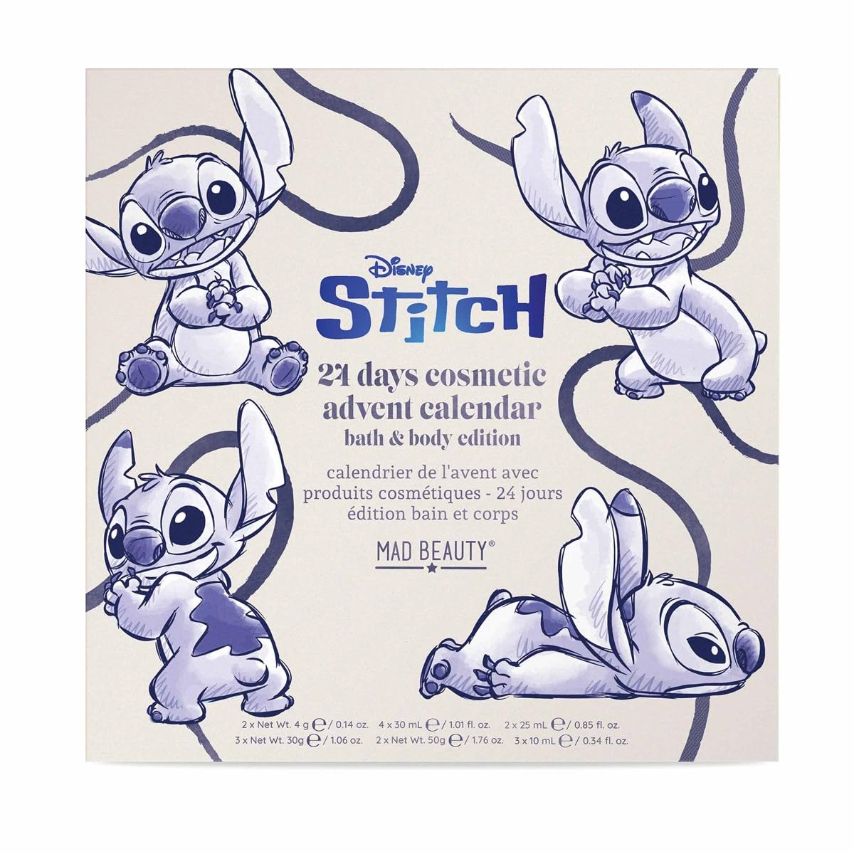 MAD Beauty Calendario de Adviento Disney STITCH con 24 productos de maquillaje y cosméticos, calendario de adviento para mujer con mascarilla, loción corporal, goma para el pelo, calendario de Navidad