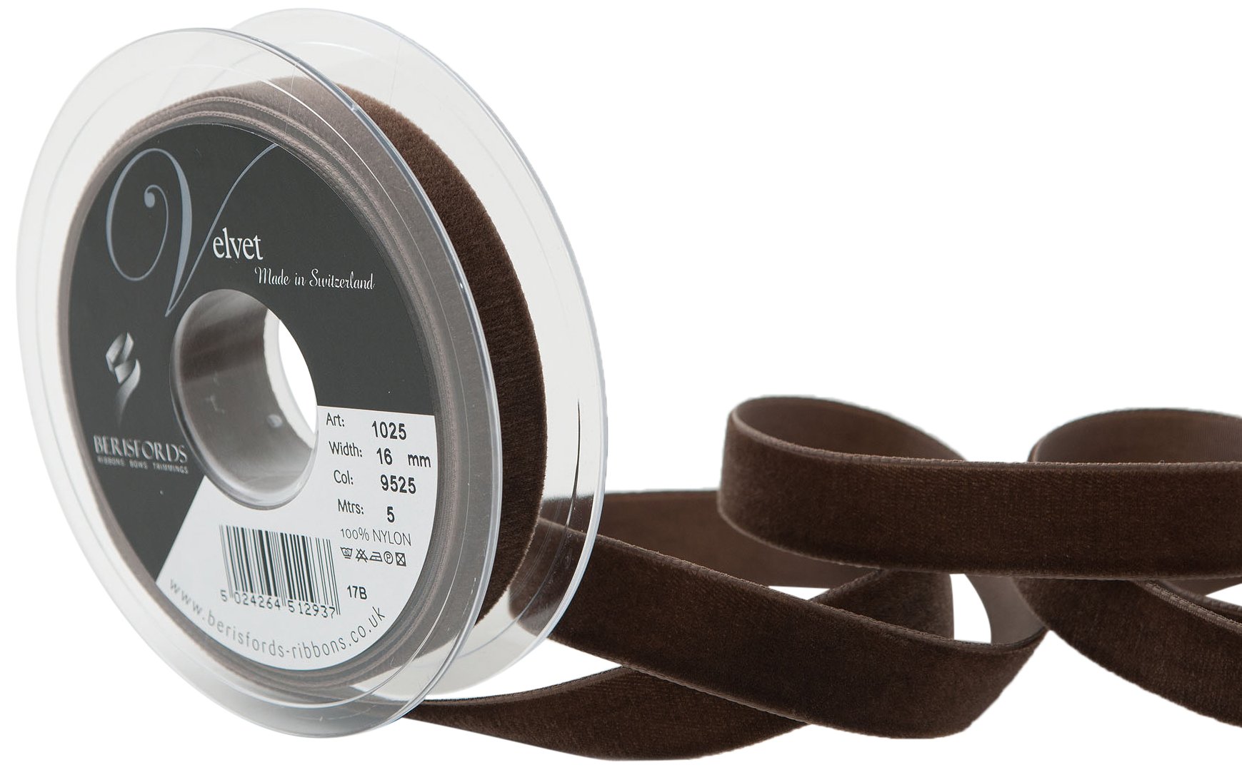 Berisfords Velvet Ribbon, Brown, 102 x 21 x 102 cm