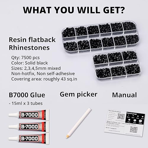 Miniatura 2 de B7000 - Pegamento con 7500 diamantes de imitación negros para manualidades, ropa, ropa, tela, cristales negros brillantes con parte trasera plana